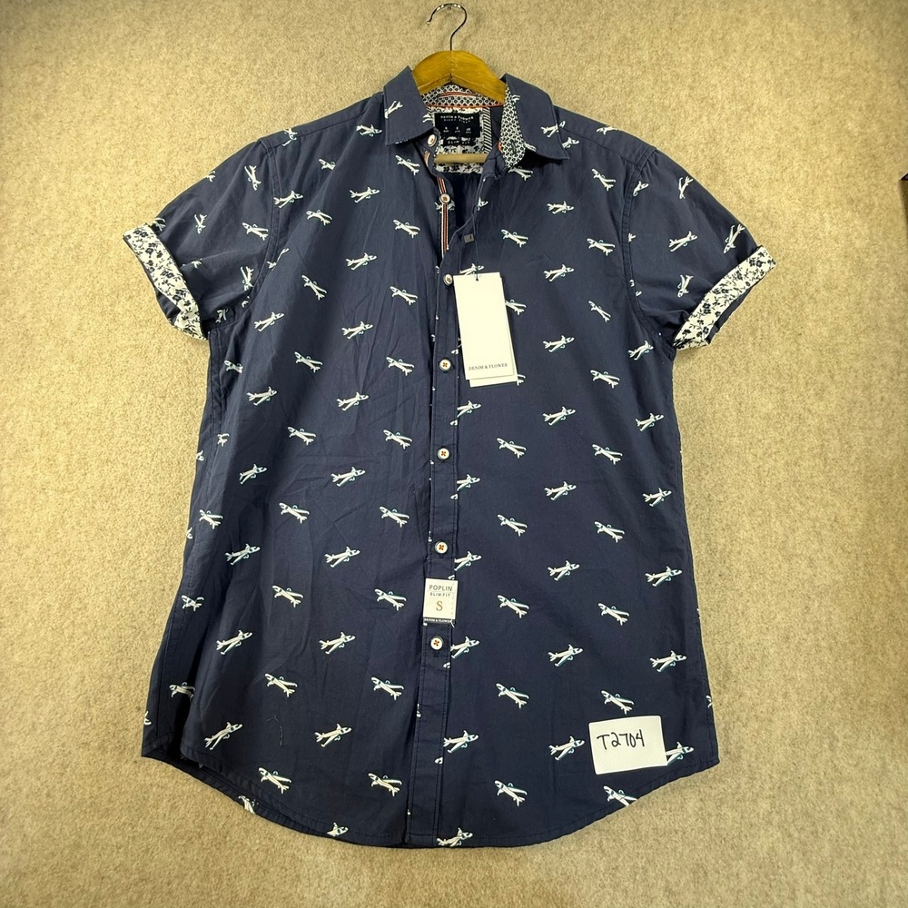 NWT Denim & Flower Ricky Singh Mens Small Slim Fit Navy Airplane Print  Shirt